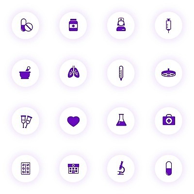 EPS 해외이미지 컬러 인터넷 일러스트 비즈니스 청진기 건강 주사기 그림자 빛 픽토그램 알약 약 보라색 웹 간호사 긴급 도움 원형 맥박 온도계 DNA 구급차 약국 심볼 사인 UI 돌봄 벡터 포트폴리오 해외202309 해외일러스트 도형 컨셉 의학 의료기기 모션 자동차 의료진 생명공학 파일형식