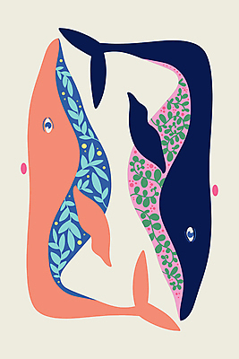 JPG 해외이미지 포스터 백그라운드 두마리 무늬 일러스트 추상 사람없음 컬러풀 고래 그림 기하학 해외202309 해외일러스트 컬러 2 포유류 수중동물 파일형식