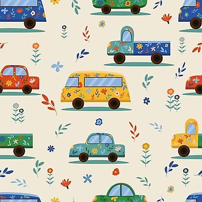 EPS 해외이미지 꽃 잎 패턴 일러스트 자동차 버스 사람없음 트럭 해외202309 해외일러스트 식물 육상교통 무늬 대중교통 파일형식 벡터