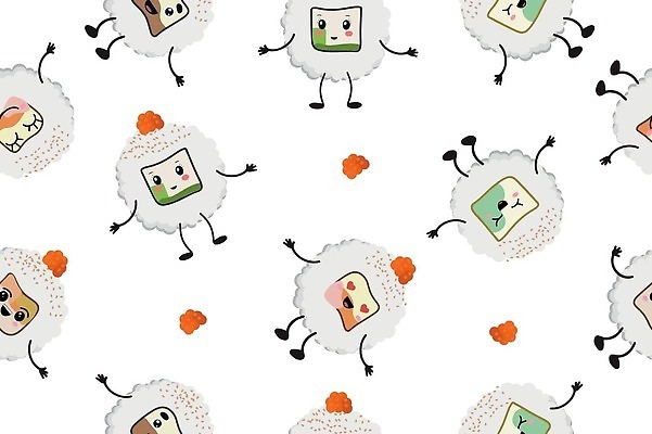 EPS 해외이미지 캐릭터 백그라운드 패턴 일러스트 표정 사람없음 팔 롤스시 연어알 해외202309 해외일러스트 일러캐릭터 무늬 신체부위 알 초밥 일본음식 파일형식 벡터