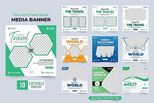 EPS 해외이미지 템플릿 배너 리플렛 여행 일러스트 비즈니스 휴가 프레임 세트 여행객 하이킹 수집 서비스 보따리 승진 마케팅 소셜미디어 벡터 해외202309 해외일러스트 레저 사람 파일형식