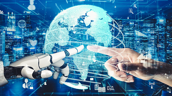 포토 해외이미지 손 비즈니스 미래 신체부위 파란색 지구본 스크린 기계 터치 가리킴 도시 로봇 AI_인공지능 해외202309 해외포토 AI파일 컬러 컨셉 사람 손짓 파일형식 벡터
