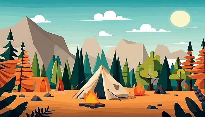 EPS 해외이미지 나무 여행 일러스트 산 텐트 사람없음 캠핑 모닥불 캠핑장 해외202309 해외일러스트 식물 불 레저 캠핑도구 파일형식 벡터