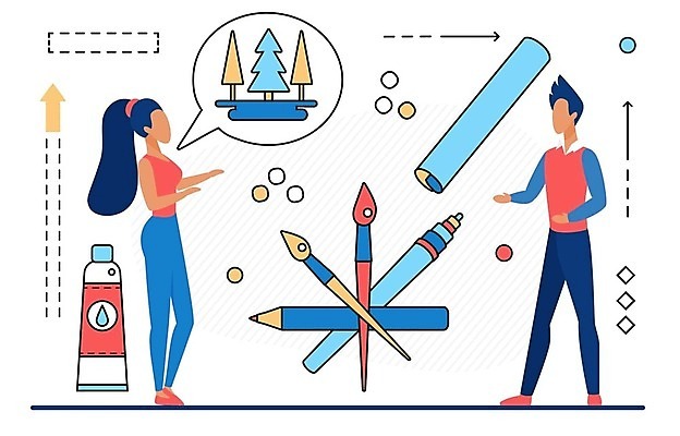 EPS 해외이미지 전신 나무 여자 남자 종이 예술 일러스트 미술 서기 성인 두명 연필 펜 물감 붓 성인만 해외202309 해외일러스트 식물 모션 문화예술 학용품 사람 필기구 미술도구 파일형식 벡터