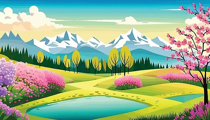 EPS 해외이미지 나무 호수 일러스트 하늘 산 꽃나무 사람없음 봄 들꽃 분위기 언덕 해외202309 해외일러스트 식물 계절 꽃 컨셉 파일형식 벡터