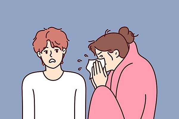 EPS 해외이미지 여자 남자 일러스트 남편 건강 성인 두명 고통 바이러스 감염 인플루엔자 재채기 증상 성인만 해외202309 해외일러스트 감정 사람 파일형식 벡터