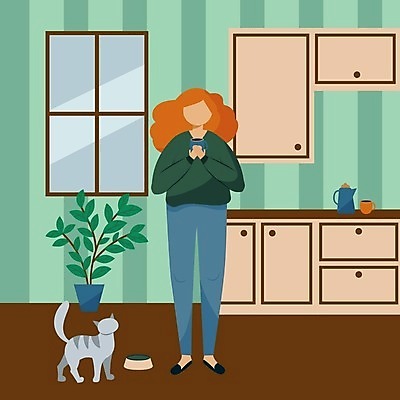 EPS 해외이미지 캐릭터 라이프스타일 여자 컨셉 일러스트 아침 휴식 아파트 주택 실내 건강 사랑 사람 내부 일상 반려동물 인테리어 유행 주방 고양이 방 플랫 편안함 만화 리빙 따뜻한음료 프리랜서 벡터 안락 해외202309 해외일러스트 일러캐릭터 주간 동물 직업 디자인 감정 음료 포유류 건물 라이프 생활 감각 파일형식