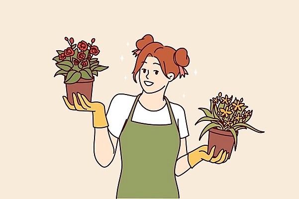 EPS 해외이미지 여자 꽃 화분 화초 일러스트 선물 한명 들기 상반신 성인 꽃집 성인여자한명만 해외202309 해외일러스트 식물 1 모션 사람 상점 여자한명만 성인여자만 파일형식 벡터