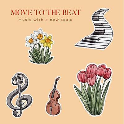 EPS 해외이미지 음악 스티커 노래 거리 사람없음 콘서트 공연 들꽃 튤립 분위기 피아노건반 바이올린 마이크 해외202309 해외일러스트 꽃 음향기기 컨셉 현악기 문화예술 이벤트 건반 피아노 파일형식 벡터