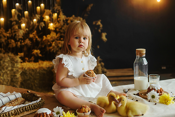 포토 JPG 해외이미지 전신 백인 여자 탁자 부활절 오리 한명 들기 앉기 옆모습 아기 머핀 여자아기한명만 해외202309 해외포토 서양인 1 기념일 빵 뷰포인트 가구 모션 조류 사람 여자한명만 여자아기만 파일형식