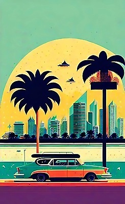 JPG 해외이미지 포스터 도로 여행 일러스트 자동차 사람없음 건물 야자수 태양 도시 빈티지 복고 마이애미 해외202309 해외일러스트 자연요소 나무 건축물 길 육상교통 컨셉 교통시설 파일형식