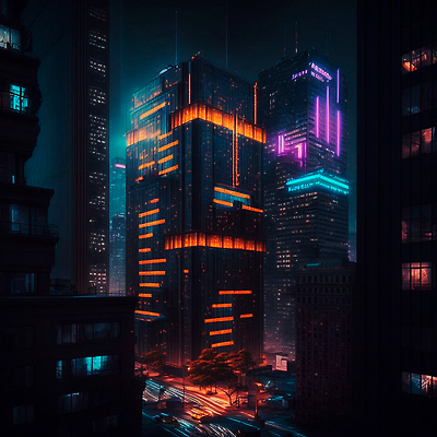 JPG 해외이미지 도로 일러스트 자동차 미래 사람없음 건물 빛 고층빌딩 어둠 도시 도심 네온 스카이라인 빌딩숲 해외202309 해외일러스트 건축물 길 육상교통 컨셉 교통시설 빌딩 파일형식