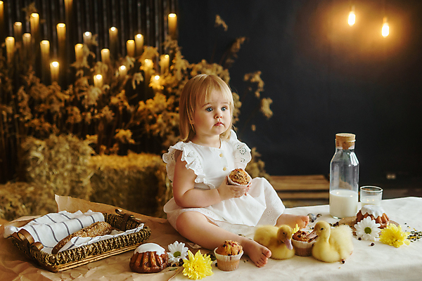 포토 JPG 해외이미지 전신 백인 여자 탁자 부활절 오리 한명 들기 앉기 옆모습 아기 머핀 여자아기한명만 해외202309 해외포토 서양인 1 기념일 빵 뷰포인트 가구 모션 조류 사람 여자한명만 여자아기만 파일형식