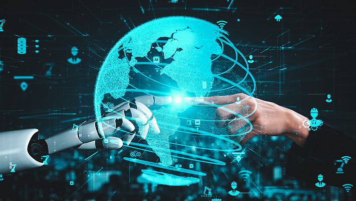 포토 해외이미지 손 비즈니스 미래 신체부위 파란색 지구본 스크린 기계 터치 가리킴 로봇 AI_인공지능 해외202309 해외포토 AI파일 컬러 컨셉 사람 손짓 파일형식 벡터