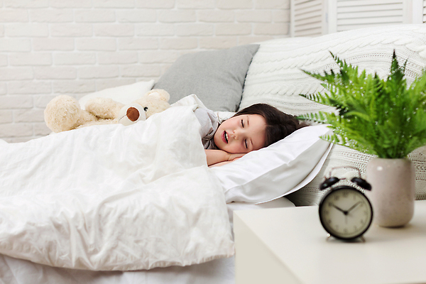 포토 JPG 해외이미지 여자 화분 어린이 잎 베개 탁자 한명 상반신 눕기 곰인형 침실 이불 자명종 침대 잠 소녀한명만 해외202309 해외포토 식물 1 인형 시계 가구 침구 모션 사람 알람 여자한명만 소녀만 파일형식