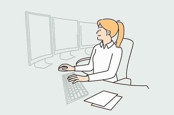 EPS 해외이미지 여자 일러스트 한명 상반신 성인 모니터 키보드 마우스 보고서 성인여자한명만 해외일러스트 1 사람 컴퓨터 컴퓨터용품 여자한명만 성인여자만 파일형식 벡터