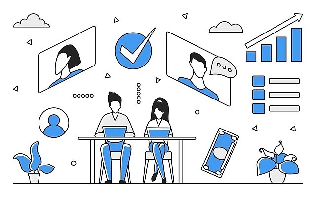 EPS 해외이미지 전신 여자 남자 일러스트 비즈니스 그래프 여러명 성인 파란색 디지털 정보 업무 스마트 분석 온라인 경영 데이터베이스 인터페이스 화상통화 해외202310 해외일러스트 컬러 다수 컨셉 사람 작업 통화 파일형식 벡터