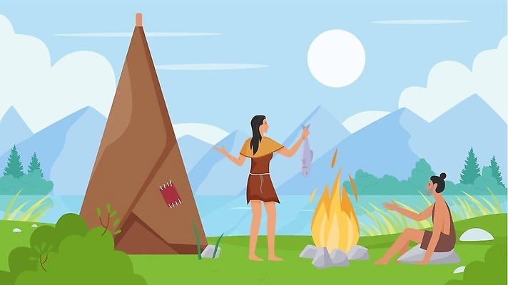 EPS 해외이미지 캐릭터 디자인 커플 남자 호수 야생동물 음식 백그라운드 일러스트 가족 어류 요리 미술 사람 앉기 풍경 강 바위 동굴 진화 플랫 모닥불 만화 먹기 속도 사냥 장면 사냥꾼 선사시대 원시시대 벡터 해외202309 해외일러스트 일러캐릭터 동물 직업 관계 모션 불 문화예술 수중동물 돌_바위 역사 소방 파일형식