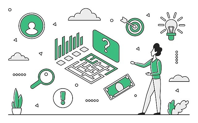 EPS 해외이미지 전신 식물 남자 화분 지폐 일러스트 비즈니스 전구 돋보기 한명 성인 초록색 물음표 느낌표 과녁판 막대그래프 분석자료 성인남자한명만 해외202309 해외일러스트 1 기호 컬러 돈 그래프 사람 자료 분석 남자한명만 성인남자만 파일형식 벡터