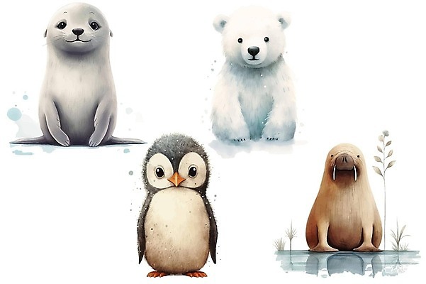 EPS 해외이미지 일러스트 사람없음 귀여움 물개 펭귄 북극곰 번짐 바다코끼리 해외202309 해외일러스트 컨셉 곰 포유류 조류 바다동물 파일형식 벡터 효과