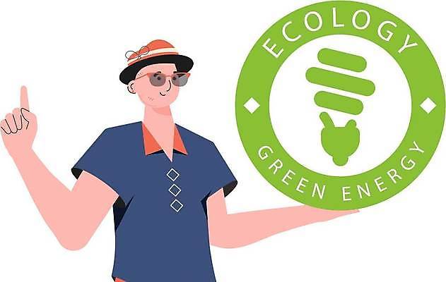 EPS 해외이미지 남자 일러스트 전구 한명 들기 손짓 상반신 성인 초록색 원형 그린에너지 심볼 에코 친환경 성인남자한명만 해외202309 해외일러스트 도형 1 컬러 모션 사람 환경 에너지 남자한명만 성인남자만 파일형식 벡터