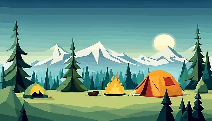 EPS 해외이미지 나무 여행 일러스트 산 텐트 사람없음 캠핑 모닥불 캠핑장 해외202309 해외일러스트 식물 불 레저 캠핑도구 파일형식 벡터