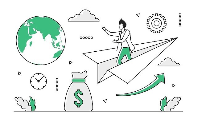 EPS 해외이미지 남자 화살표 지구 시계 일러스트 비즈니스 한명 성인 초록색 글로벌 비행 돈자루 종이비행기 손뻗기 파트너십 성인남자한명만 해외202309 해외일러스트 1 컬러 돈 모션 사람 종이접기 남자한명만 성인남자만 파일형식 벡터