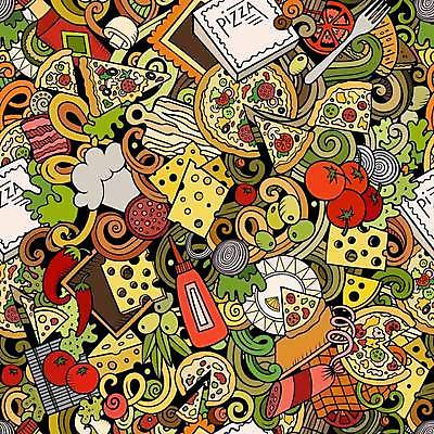 EPS 해외이미지 백그라운드 포크 잎 패턴 토마토 채소 일러스트 고추 양파 추상 치즈 피자 육류 사람없음 컬러풀 버섯 낙서 케첩 올리브 해외202309 해외일러스트 식물 식기 열매 컬러 무늬 식재료 유제품 패스트푸드 서양음식 소스_음식 파일형식 벡터