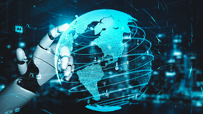 JPG 해외이미지 손 일러스트 미래 기술 신체부위 파란색 지구본 3D 디지털 터치 가리킴 도시 네트워크 로봇 보케 해외202309 해외포토 포토 컬러 컨셉 사람 손짓 디지털합성 파일형식