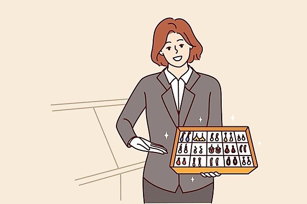 EPS 해외이미지 여자 일러스트 장신구 선물 한명 들기 상반신 성인 판매 보석 진열장 보여주기 판매원 성인여자한명만 해외202309 해외일러스트 직업 1 모션 사람 광석 여자한명만 성인여자만 파일형식 벡터