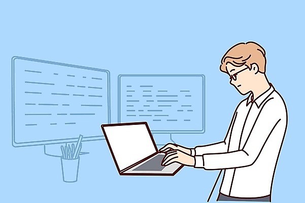 EPS 해외이미지 남자 일러스트 한명 상반신 성인 노트북 사무실 타이핑 업무 비즈니스맨 성인남자한명만 안경낌 해외202309 해외일러스트 1 안경 비즈니스 사람 전자제품 작업 직장인 남자한명만 성인남자만 파일형식 벡터