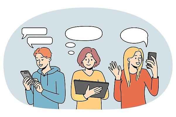 EPS 해외이미지 여자 남자 말풍선 와이셔츠 일러스트 비즈니스 들기 상반신 성인 세명 스마트폰 태블릿 터치 손인사 성인만 해외202309 해외일러스트 셔츠 모션 사람 전자제품 핸드폰 스마트기기 인사 파일형식 벡터