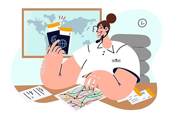 EPS 해외이미지 여자 여행 지도 일러스트 한명 들기 앉기 성인 비즈니스우먼 티켓 컨설턴트 여권 예약 여행사 성인여자한명만 해외202309 해외일러스트 1 비즈니스 모션 사람 상점 직장인 전문직 상담 여자한명만 성인여자만 파일형식 벡터