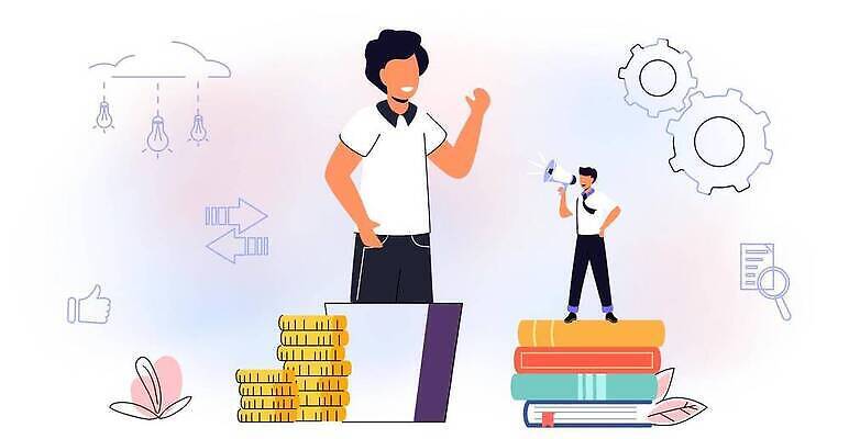 EPS 해외이미지 전신 남자 허리손 일러스트 들기 성인 두명 책 금융 손들기 확성기 성장 인사 동전탑 성인남자만 멘토링 해외202309 해외일러스트 교육 포즈 모션 사람 경제 쌓기 동전 예절 남자만 성인만 파일형식 벡터