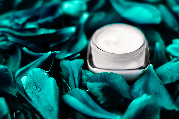 포토 JPG 해외이미지 꽃잎 근접촬영 사람없음 고급 피부관리 스킨케어 기초화장품 수분크림 민트색배경 해외202309 해외포토 꽃 뷰포인트 백그라운드 컨셉 뷰티 화장품 민트색 파일형식