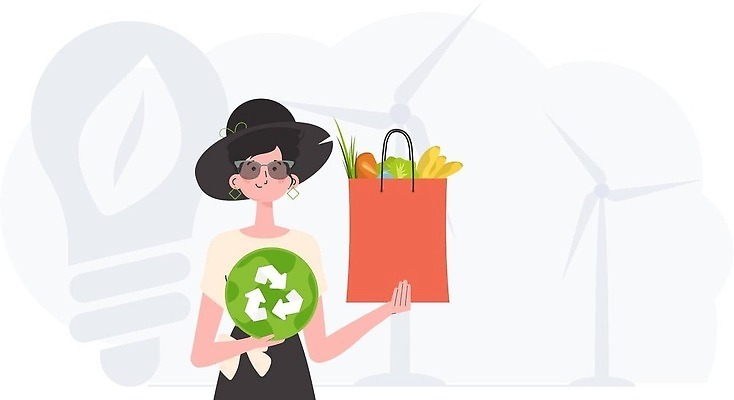 EPS 해외이미지 여자 일러스트 한명 들기 상반신 성인 쇼핑백 재활용 보호 심볼 에코 친환경 성인여자한명만 해외202309 해외일러스트 1 컨셉 가방 모션 사람 환경 여자한명만 성인여자만 파일형식 벡터