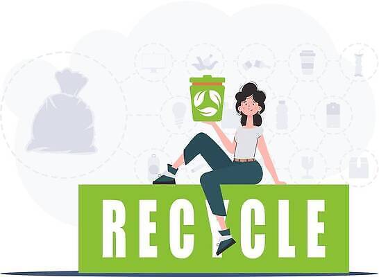 EPS 해외이미지 전신 여자 일러스트 한명 들기 앉기 성인 재활용 쓰레기통 보호 에코 친환경 성인여자한명만 해외202309 해외일러스트 1 컨셉 모션 사람 환경 여자한명만 성인여자만 파일형식 벡터