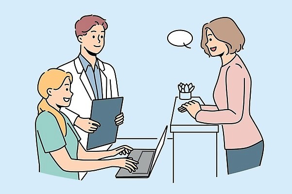 EPS 해외이미지 여자 남자 화초 말풍선 와이셔츠 일러스트 비즈니스 말하기 대화 들기 상반신 성인 세명 노트북 서류판 접수대 성인만 해외202309 해외일러스트 식물 셔츠 모션 사람 전자제품 사무용품 접수 파일형식 벡터