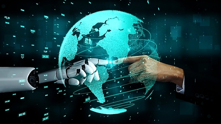 포토 해외이미지 손 비즈니스 미래 신체부위 파란색 숫자 지구본 스크린 기계 터치 가리킴 로봇 AI_인공지능 해외202309 해외포토 AI파일 문자 컬러 컨셉 사람 손짓 파일형식 벡터