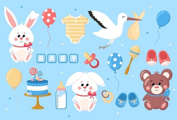 EPS 해외이미지 일러스트 사람없음 파란색 케이크 곰인형 아기용품 학 젖병 노리개젖꼭지 아기신발 풍선 유아복 토끼인형 마라카스 해외202309 해외일러스트 옷 인형 컬러 신발 조류 디저트 타악기 토끼 오브젝트 파일형식 벡터
