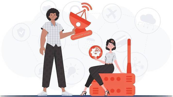 EPS 해외이미지 전신 여자 남자 일러스트 협력 안테나 들기 앉기 성인 두명 원형 톱니바퀴 와이파이 사물인터넷 성인만 해외202309 해외일러스트 도형 통신 모션 정보기술 사람 무선인터넷 파일형식 벡터