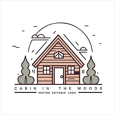 EPS 해외이미지 나무 선 일러스트 사람없음 숲속 오두막 심볼 살구색 해외202309 해외일러스트 식물 컬러 숲 파일형식 벡터