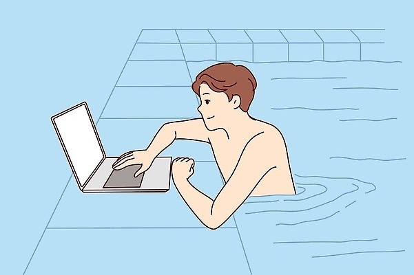 EPS 해외이미지 남자 일러스트 비즈니스 휴가 수영장 한명 상반신 성인 노트북 수영 타이핑 업무 비즈니스맨 휴양지 성인남자한명만 워케이션 해외202309 해외일러스트 1 사람 전자제품 장소 수상스포츠 작업 직장인 남자한명만 성인남자만 파일형식 벡터