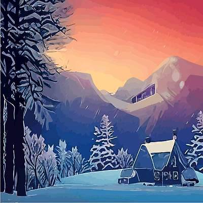 EPS 해외이미지 나무 겨울 일러스트 주택 사람없음 설원 일몰 추위 눈 숲 해외202309 해외일러스트 자연요소 식물 계절 날씨 눈_날씨 건물 노을 파일형식 벡터