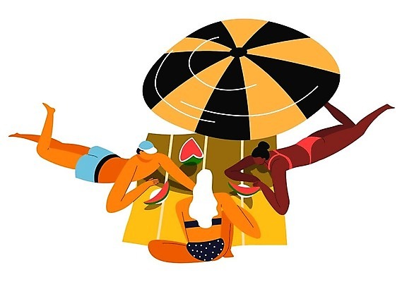 EPS 해외이미지 전신 접시 여자 남자 수영복 엎드리기 조각 일러스트 수박 앉기 성인 세명 파라솔 그늘 돗자리 성인만 해외202309 해외일러스트 식기 옷 과일 모션 사람 파일형식 벡터