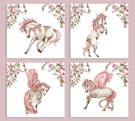 JPG 해외이미지 꽃 분홍색 여러마리 일러스트 사람없음 나뭇가지 유니콘 해외202309 해외일러스트 나무 식물 컬러 다수 파일형식