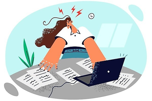 EPS 해외이미지 응시 여자 일러스트 사업가 스트레스 한명 성인 노트북 업무 비즈니스우먼 문서 혼란 성인여자한명만 해외202309 해외일러스트 직업 1 시선 컨셉 비즈니스 사람 전자제품 작업 직장인 여자한명만 성인여자만 파일형식 벡터