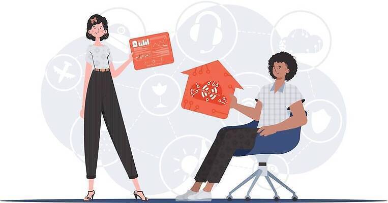 EPS 해외이미지 전신 여자 남자 의자 일러스트 협력 들기 앉기 성인 두명 사물인터넷 성인만 집모양 해외202309 해외일러스트 모양 가구 모션 정보기술 사람 파일형식 벡터