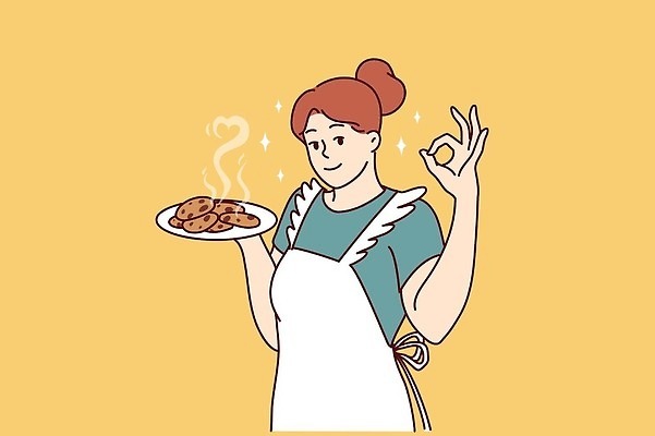 EPS 해외이미지 여자 일러스트 한명 들기 상반신 성인 쿠키 제과 앞치마 OK 성인여자한명만 해외202309 해외일러스트 1 모션 디저트 사람 손짓 제과제빵 여자한명만 성인여자만 파일형식 벡터