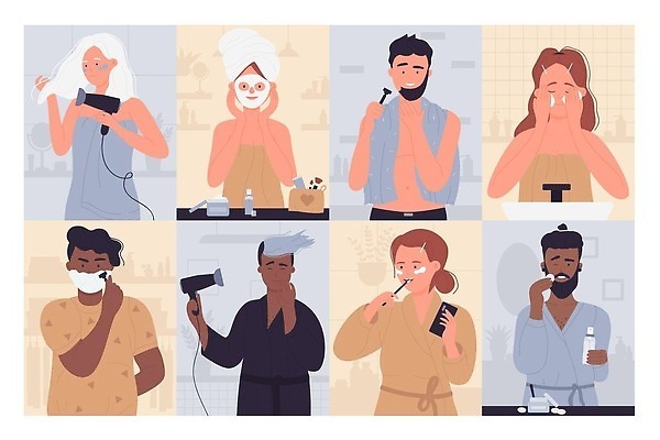 EPS 해외이미지 캐릭터 라이프스타일 손 디자인 얼굴 백그라운드 일러스트 아침 건강 가면 사람 일상 세트 뷰티 거울 인포그래픽 욕실 붓 플랫 치아 칫솔 만화 청소 크림 면도 순서 돌봄 벡터 해외202309 해외일러스트 일러캐릭터 주간 모션 라이프 생활 신체부위 위생용품 소화기관 파일형식